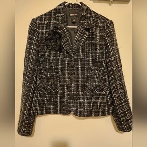 Style & Co. Tweed Gray/brown Plaid Blazer With Black Flower